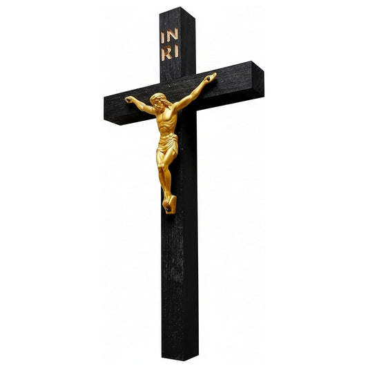 Wandkreuz Buchenholz 25 cm schwarz gebeizt – Goldene Christusfigur INRI – Edles Kruzifix