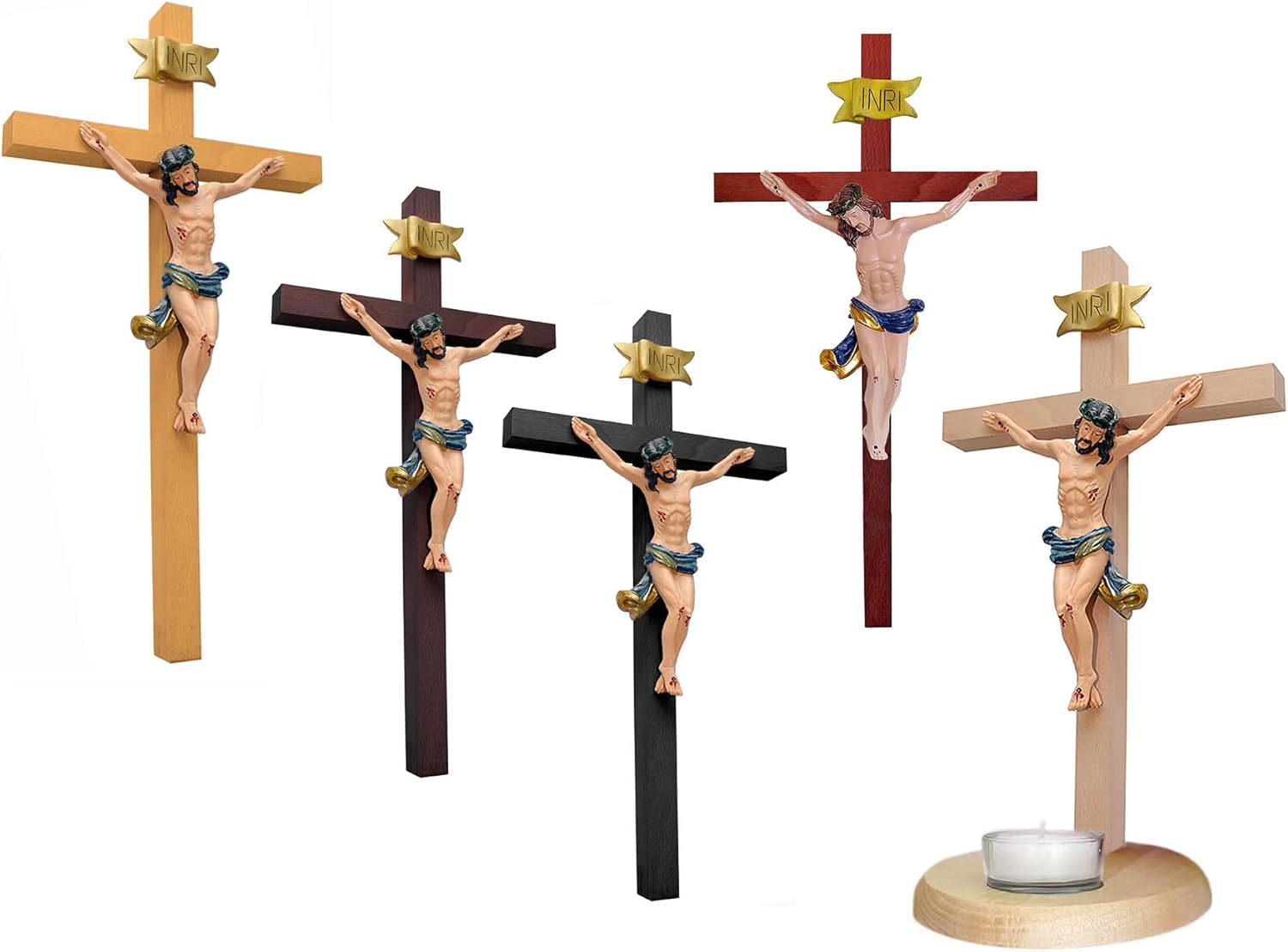 Kaltner Präsente Geschenkidee – Holzkreuz Wandkreuz Kruzifix aus Echtholz Buche Kreuz Eiche mit Jesus Christus Figur aus Kunststein handbemalt (Höhe 15 cm)