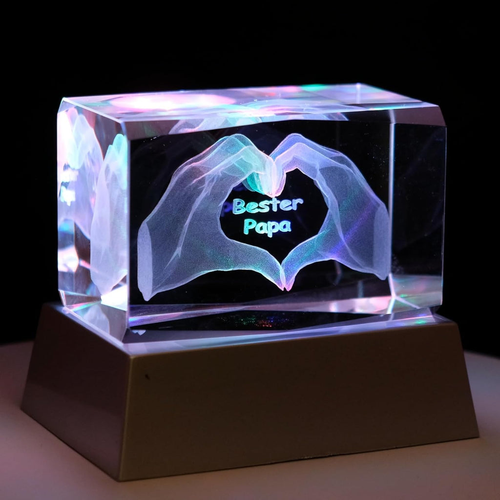 Kaltner Präsente Stimmungslicht - Das perfekte Geschenk: LED Kerze/Kristall Glasblock / 3D-Laser-Gravur/Herz Hände – Bester Papa/Ich liebe Dich