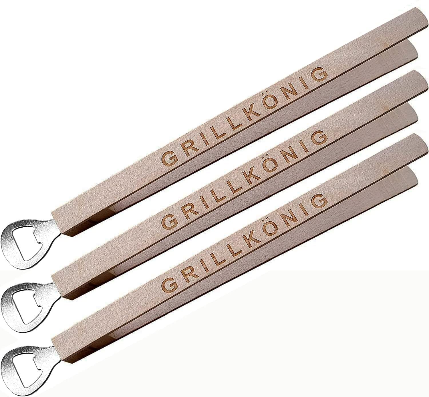 Kaltner Präsente Geschenkidee - XL Grillzange mit Flaschenöffner · Grillwerkzeug · Grillzubehör · Hochwertiger Brandstempel Grillkönig · Kombi-Grillzange aus Holz (Set mit 3 Stück)