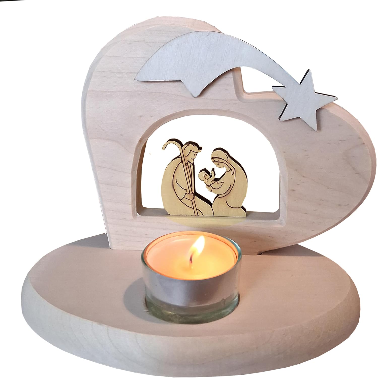 Kaltner Präsente Geschenkidee - Weihnachtskrippe Krippe Herz aus Holz mit Teelichthalter mit Jesus, Maria und Kind/Weihnachtsdekoration Innen/Weihnachtsdeko