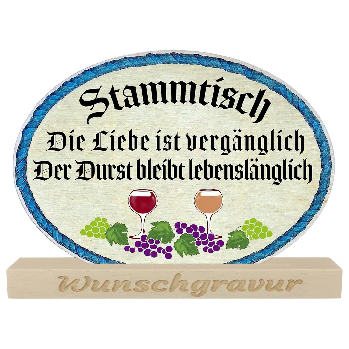 Stammtisch Schild Holz Aufsteller 20 cm – „Die Liebe ist vergänglich, der Durst bleibt lebenslänglich“ – mit optionaler Gravur