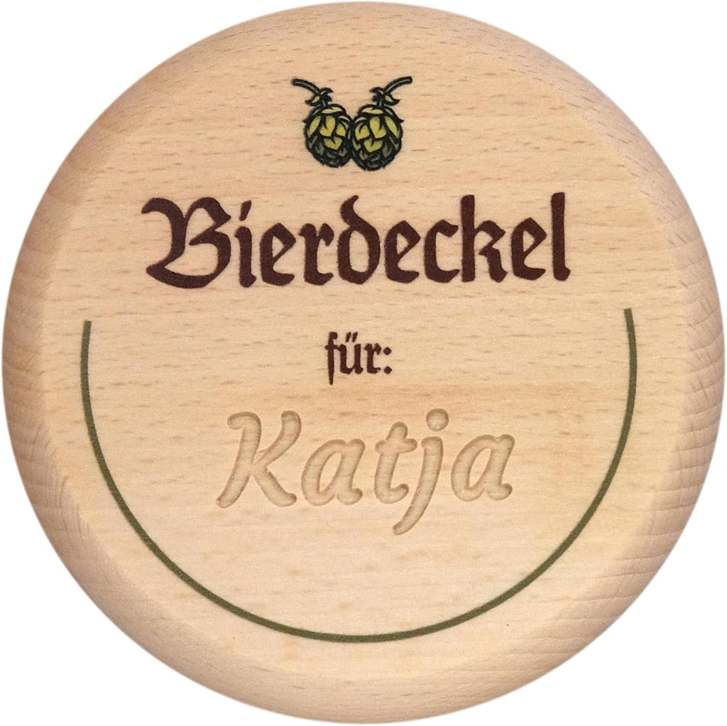 Kaltner Präsente Geschenkidee - Bierglasdeckel aus Holz mit Gravur des Namens, personalisierte Abdeckung für Krüge und Biergläser Schutz vor Insekten & Wespen für den Garten, Biergarten Bierdeckel