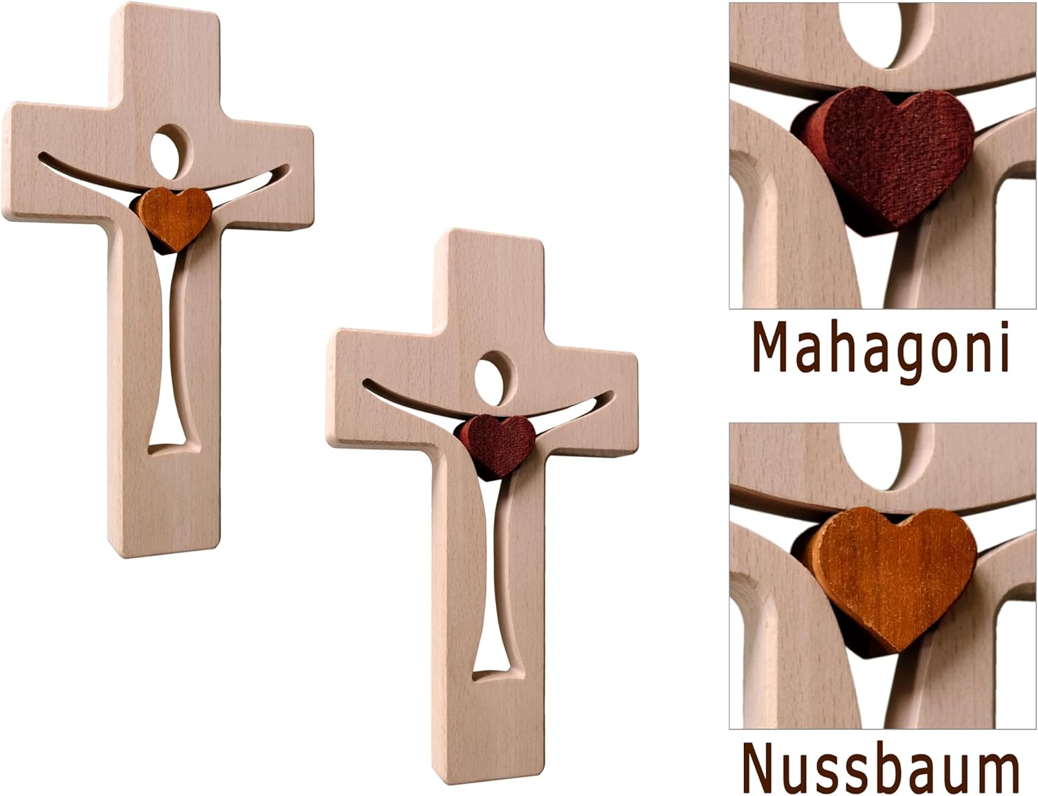 Kaltner Präsente Geschenkidee - Design Wandkreuz Buche mit Echtholz Herz aus Nussbaum Holz Kreuz für die Wand Kruzifix modern (Höhe 20 cm)