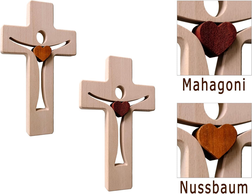 Kaltner Präsente Geschenkidee - Design Wandkreuz Buche mit Echtholz Herz aus Mahagoni Holz Kreuz für die Wand Kruzifix modern (Höhe 20 cm)