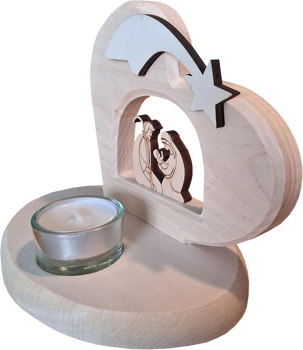 Kaltner Präsente Geschenkidee - Weihnachtskrippe Krippe Herz aus Holz mit Teelichthalter mit Jesus, Maria und Kind/Weihnachtsdekoration Innen/Weihnachtsdeko