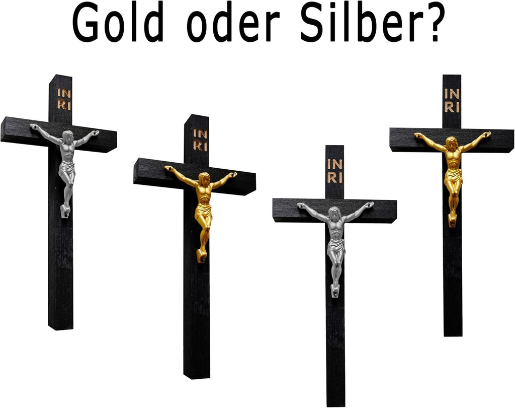 Kaltner Präsente Geschenkidee - Echtholz Wandkreuz Holz Kreuz aus Buche Schwarz/Kruzifix mit Jesus Figur Gold für die Wand (Höhe 25 cm)