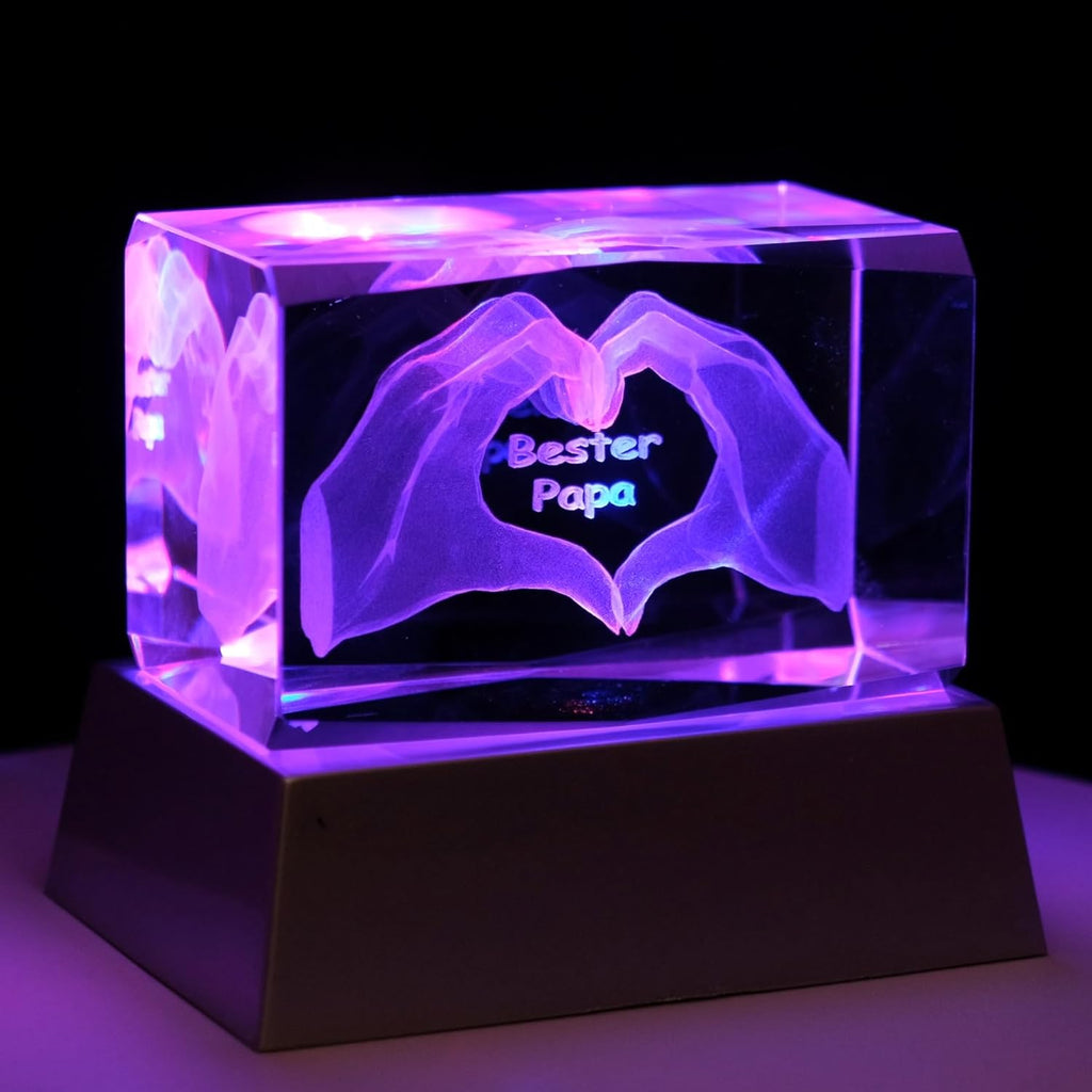 Kaltner Präsente Stimmungslicht - Das perfekte Geschenk: LED Kerze/Kristall Glasblock / 3D-Laser-Gravur/Herz Hände – Bester Papa/Ich liebe Dich