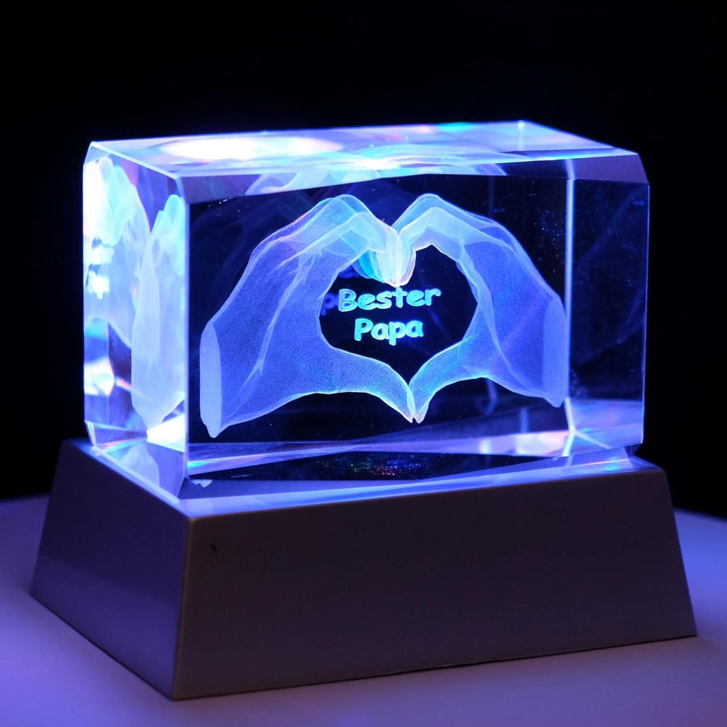 Kaltner Präsente Stimmungslicht - Das perfekte Geschenk: LED Kerze/Kristall Glasblock / 3D-Laser-Gravur/Herz Hände – Bester Papa/Ich liebe Dich