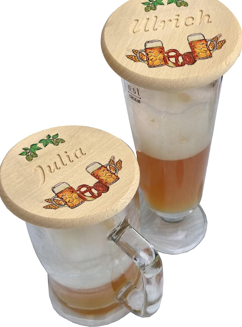 Kaltner Präsente Geschenkidee - Bierglasdeckel aus Holz mit Gravur des Namens, personalisierte Abdeckung für Krüge und Biergläser Schutz vor Wespen für den Garten, Biergarten Bierdeckel