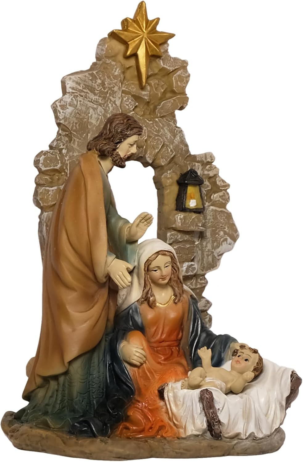 Kaltner Präsente Weihnachtskrippe, Krippenblock Heilige Familie in Grotte, Familienblock Krippe aus Kunststein Handbemalt, Traditionelles Design (Höhe 20 cm)