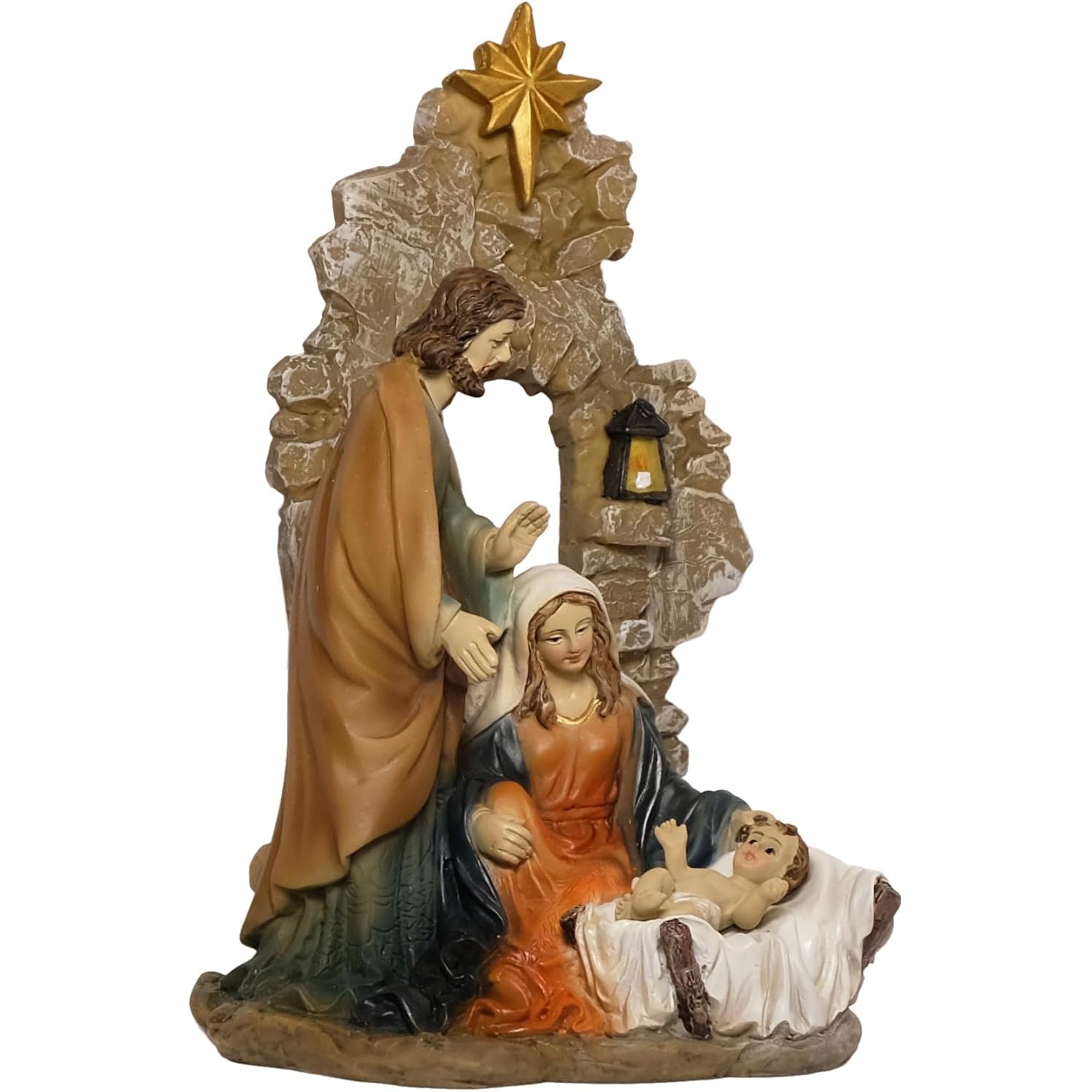 Kaltner Präsente Weihnachtskrippe, Krippenblock Heilige Familie in Grotte, Familienblock Krippe aus Kunststein Handbemalt, Traditionelles Design (Höhe 20 cm)