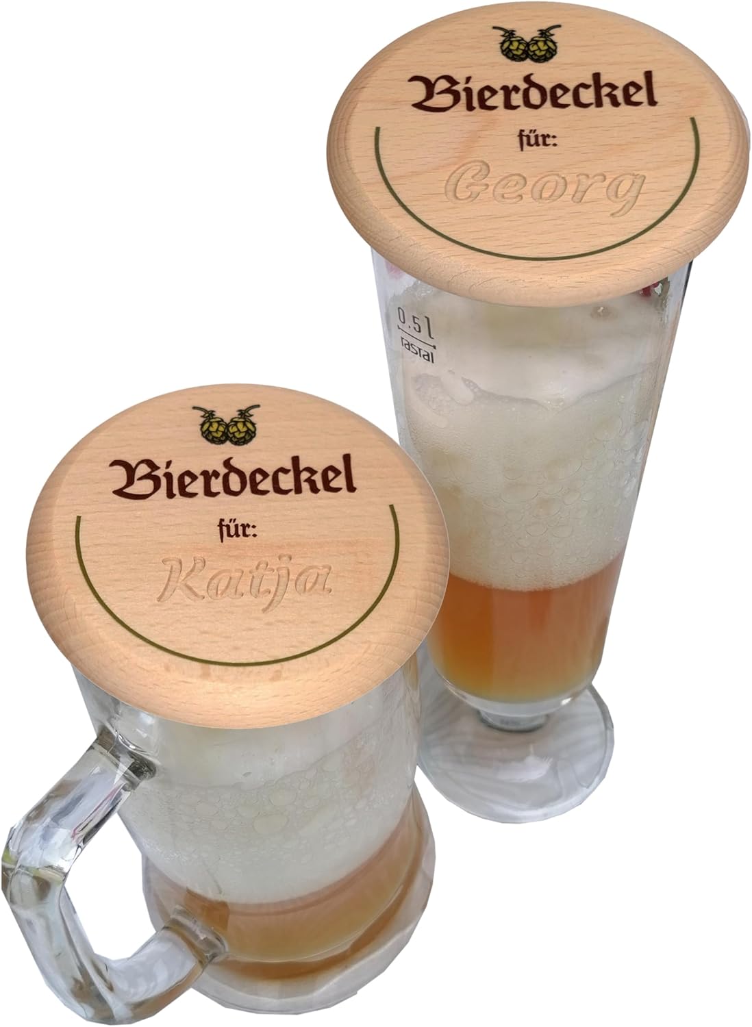 Kaltner Präsente Geschenkidee - Bierglasdeckel aus Holz mit Gravur des Namens, personalisierte Abdeckung für Krüge und Biergläser Schutz vor Insekten & Wespen für den Garten, Biergarten Bierdeckel