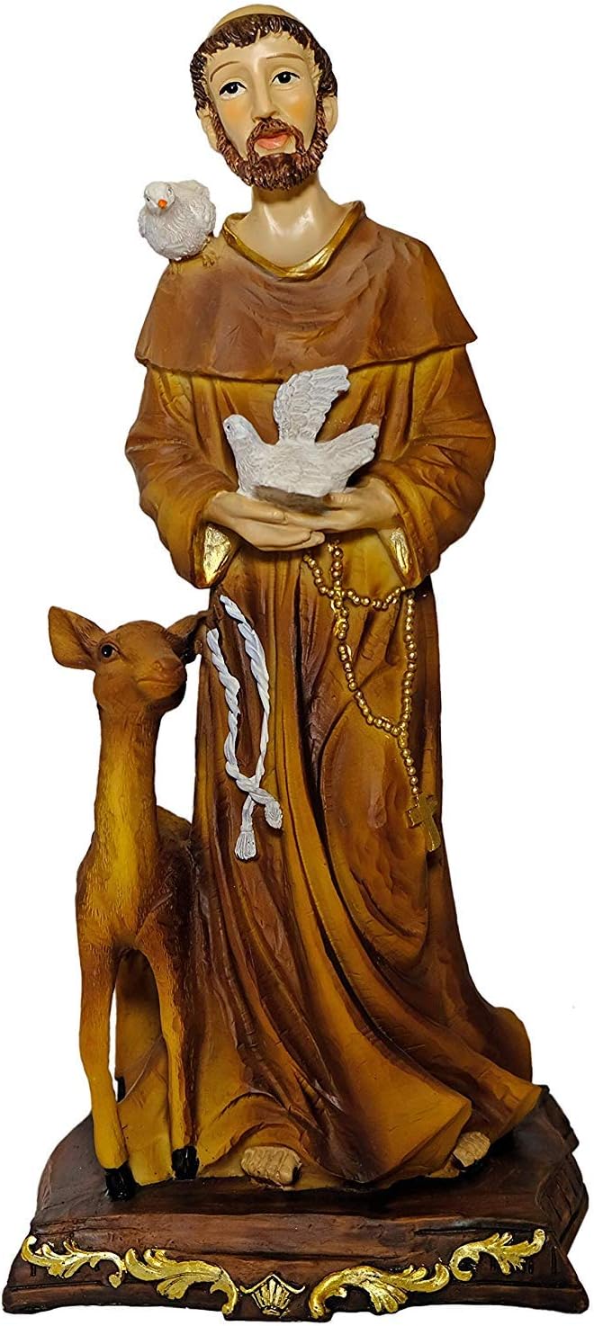 Kaltner Präsente Geschenkidee - 32 cm Heiligenfigur Heiliger Franziskus Franz von Assisi Schutzpatron - Handgemalte Figur auf Sockel - Hochwertiger Kunstguss aus Resin – Dekoration
