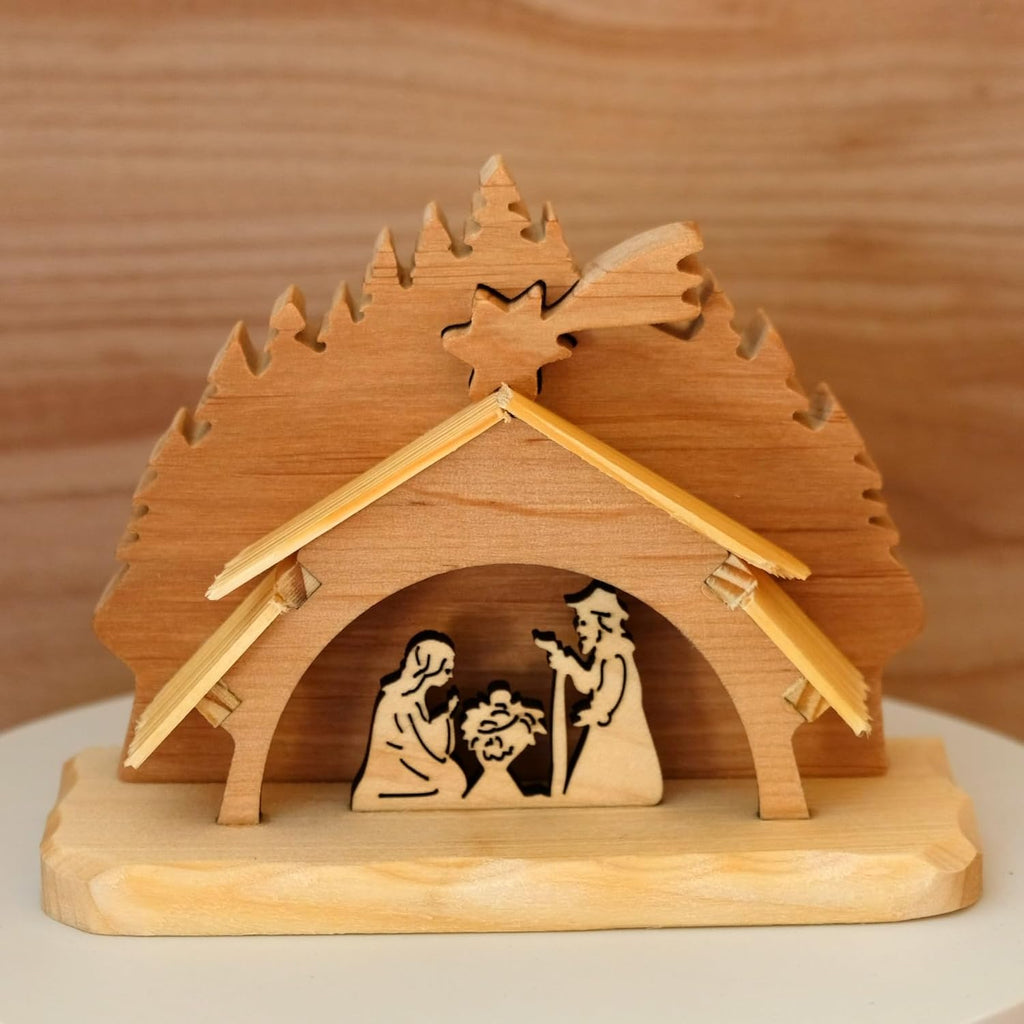 Kaltner Präsente Geschenkidee - Krippe Krippenbild 3D Weihnachtskrippe, Heilige Familie im Holzstall, Dekoration Weihnachten (Höhe 14 cm)