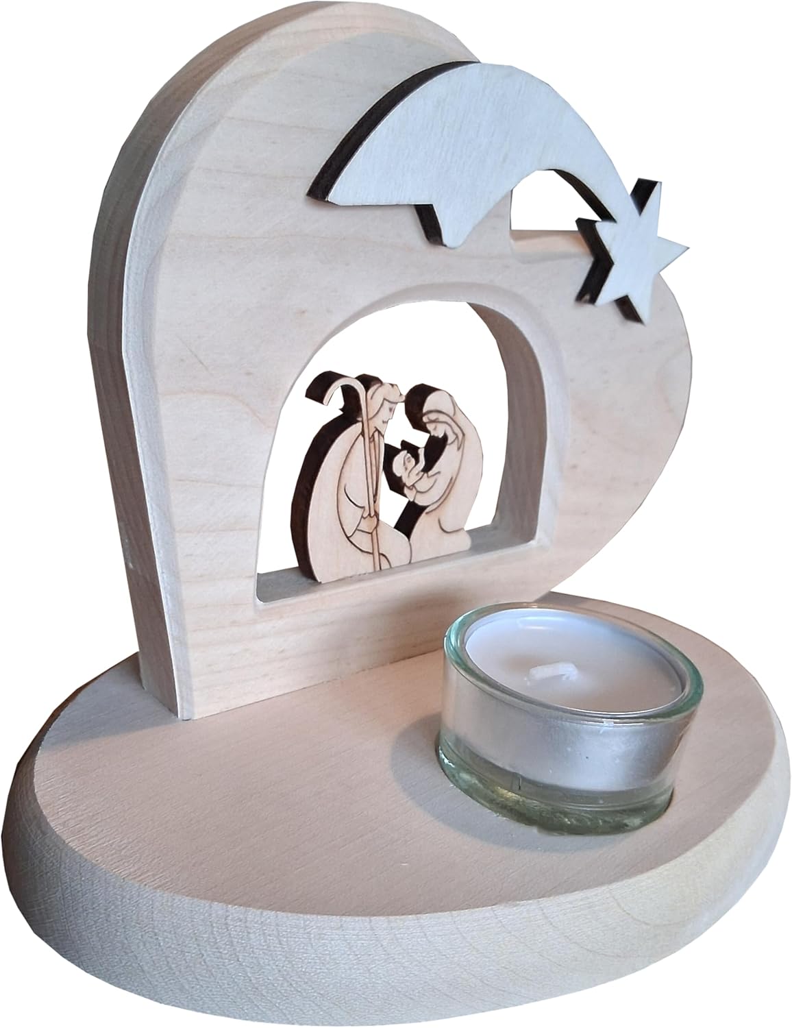 Kaltner Präsente Geschenkidee - Weihnachtskrippe Krippe Herz aus Holz mit Teelichthalter mit Jesus, Maria und Kind/Weihnachtsdekoration Innen/Weihnachtsdeko