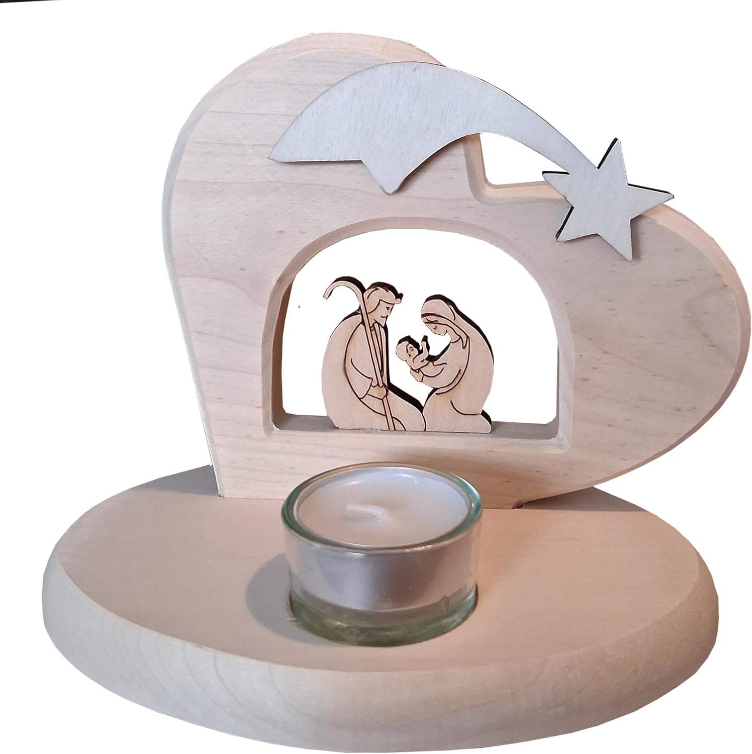 Kaltner Präsente Geschenkidee - Weihnachtskrippe Krippe Herz aus Holz mit Teelichthalter mit Jesus, Maria und Kind/Weihnachtsdekoration Innen/Weihnachtsdeko