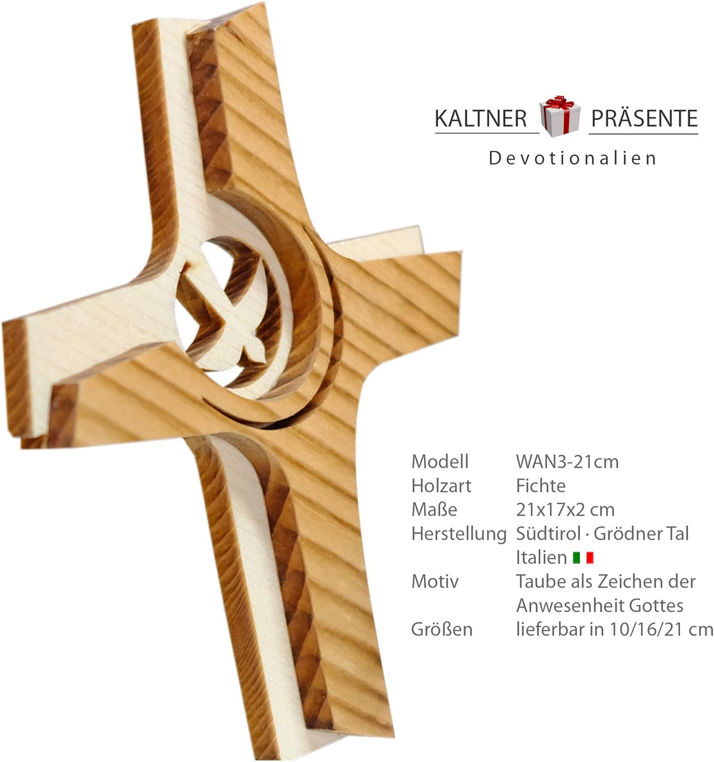 Kaltner Präsente Geschenkidee - 21 cm Wandkreuz Echtes Holz Kreuz Kruzifix mit Taube für die Wand modern gefertigt im Grödner Tal Südtirol