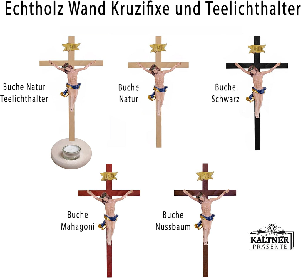 Kaltner Präsente Geschenkidee – Holzkreuz Wandkreuz Kruzifix aus Echtholz Buche Kreuz Schwarz mit Jesus Christus Figur aus Kunststein handbemalt (Höhe 50 cm)