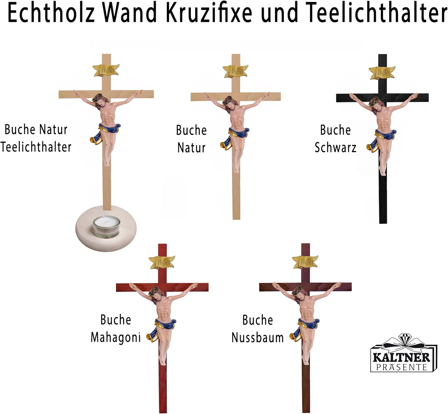 Kaltner Präsente Geschenkidee – Holzkreuz Wandkreuz Kruzifix aus Echtholz Buche Kreuz Schwarz mit Jesus Christus Figur aus Kunststein handbemalt (Höhe 50 cm)