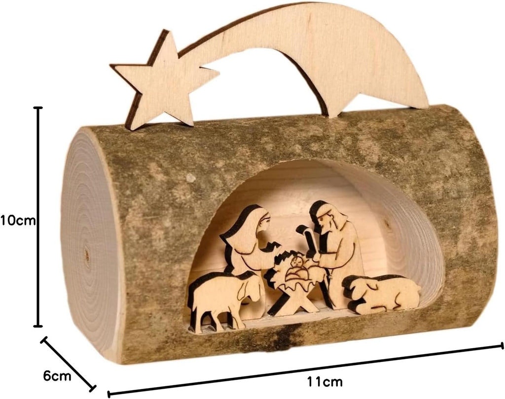 Kaltner Präsente Geschenkidee - Weihnachten Krippe aus Holz mit Jesus, Maria und Kind in einem Baumstamm mit Rinde aus Südtirol, Dekoration für Weihnachten, Weihnachtsdeko Innen