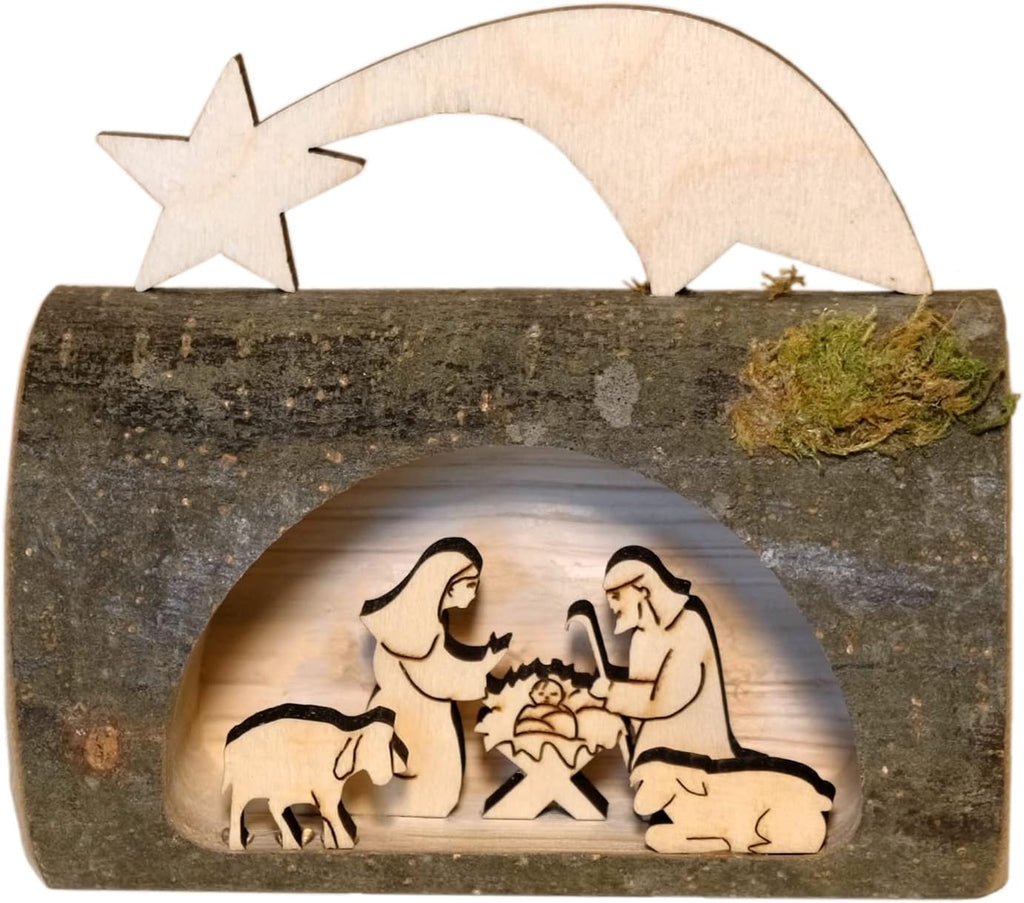 Kaltner Präsente Geschenkidee - Weihnachten Krippe aus Holz mit Jesus, Maria und Kind in einem Baumstamm mit Rinde aus Südtirol, Dekoration für Weihnachten, Weihnachtsdeko Innen