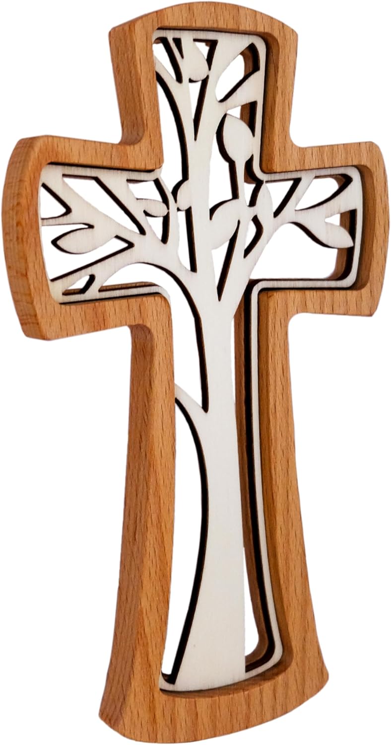Kaltner Präsente Geschenkidee - Wandkreuz Echtholz Kreuz Kruzifix modern/Holz Buche/Baum des Lebens (Höhe 20 cm)
