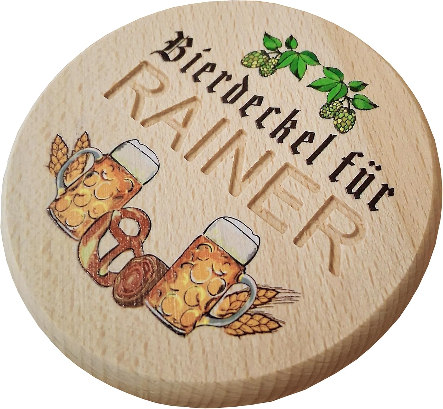 Kaltner Präsente Geschenkidee - Bierglasdeckel aus Holz mit Gravur des Namens, personalisierte Abdeckung für Krüge und Biergläser Schutz vor Insekten & Wespen für den Garten, Biergarten Bierdeckel