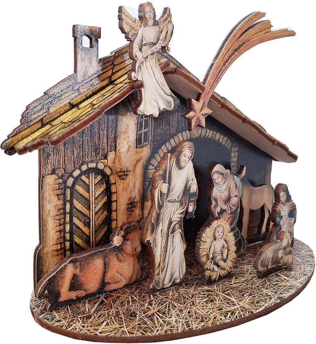 Kaltner Präsente Weihnachtskrippe, Traditionelle Krippe mit Krippenfiguren aus Holz, Steckkrippe, Heilige Familie mit Stall, 18 x 14 x 8 cm