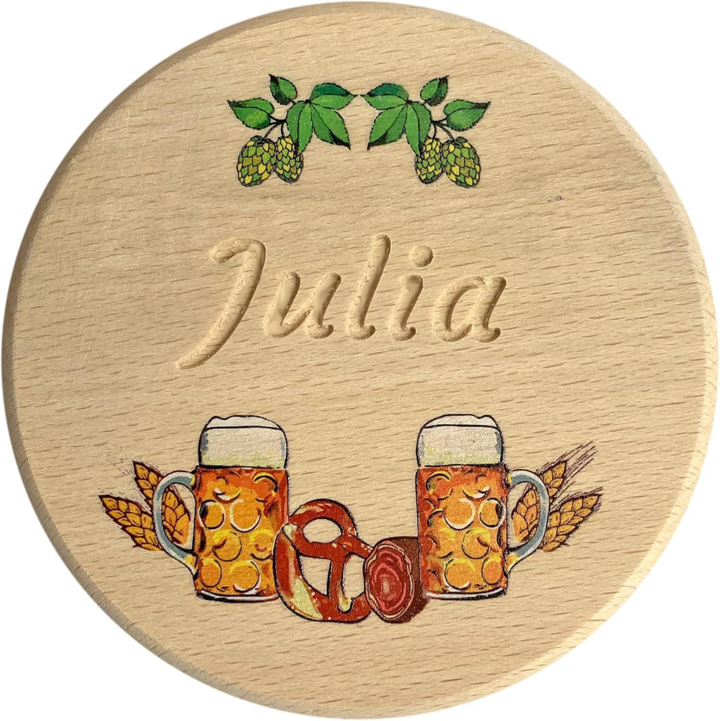 Kaltner Präsente Geschenkidee - Bierglasdeckel aus Holz mit Gravur des Namens, personalisierte Abdeckung für Krüge und Biergläser Schutz vor Wespen für den Garten, Biergarten Bierdeckel