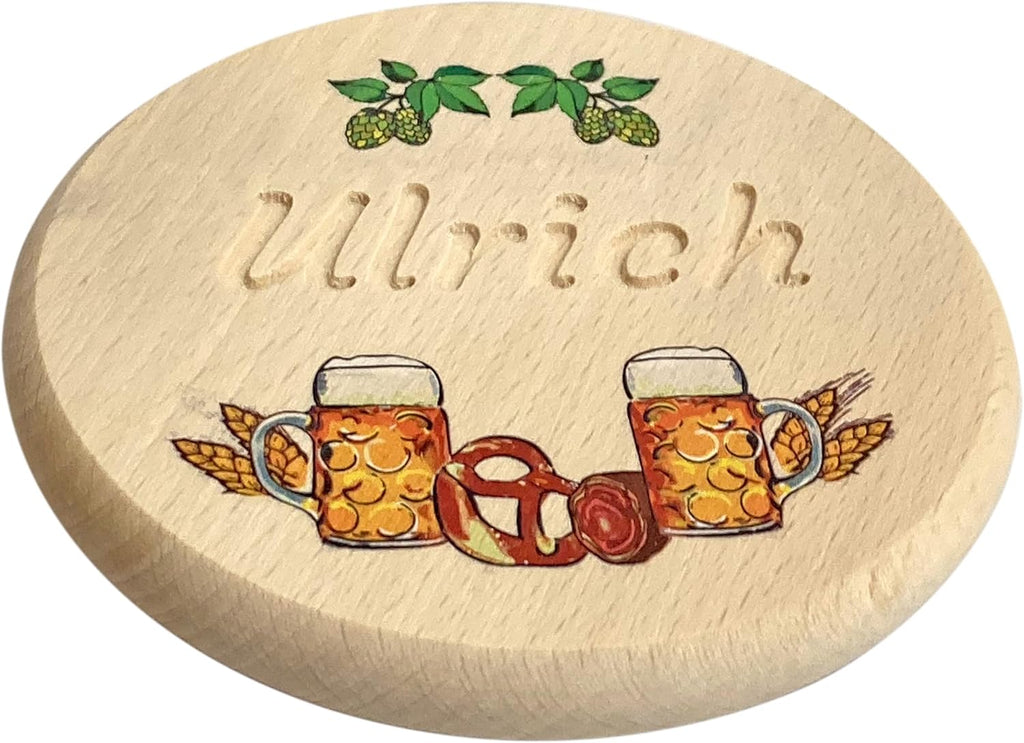 Kaltner Präsente Geschenkidee - Bierglasdeckel aus Holz mit Gravur des Namens, personalisierte Abdeckung für Krüge und Biergläser Schutz vor Wespen für den Garten, Biergarten Bierdeckel
