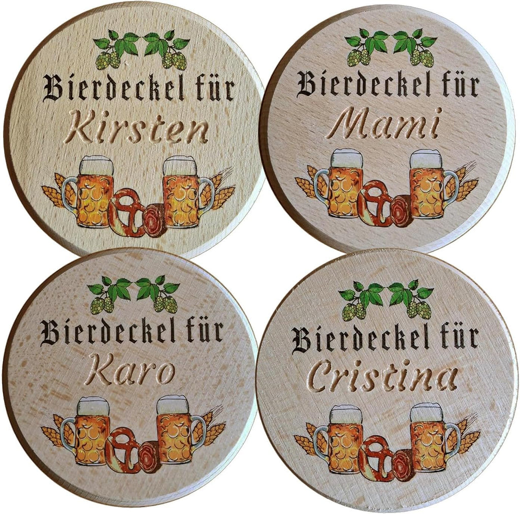 Kaltner Präsente Geschenkidee - Bierglasdeckel aus Holz mit Gravur des Namens, personalisierte Abdeckung für Krüge und Biergläser Schutz vor Insekten & Wespen für den Garten, Biergarten Bierdeckel