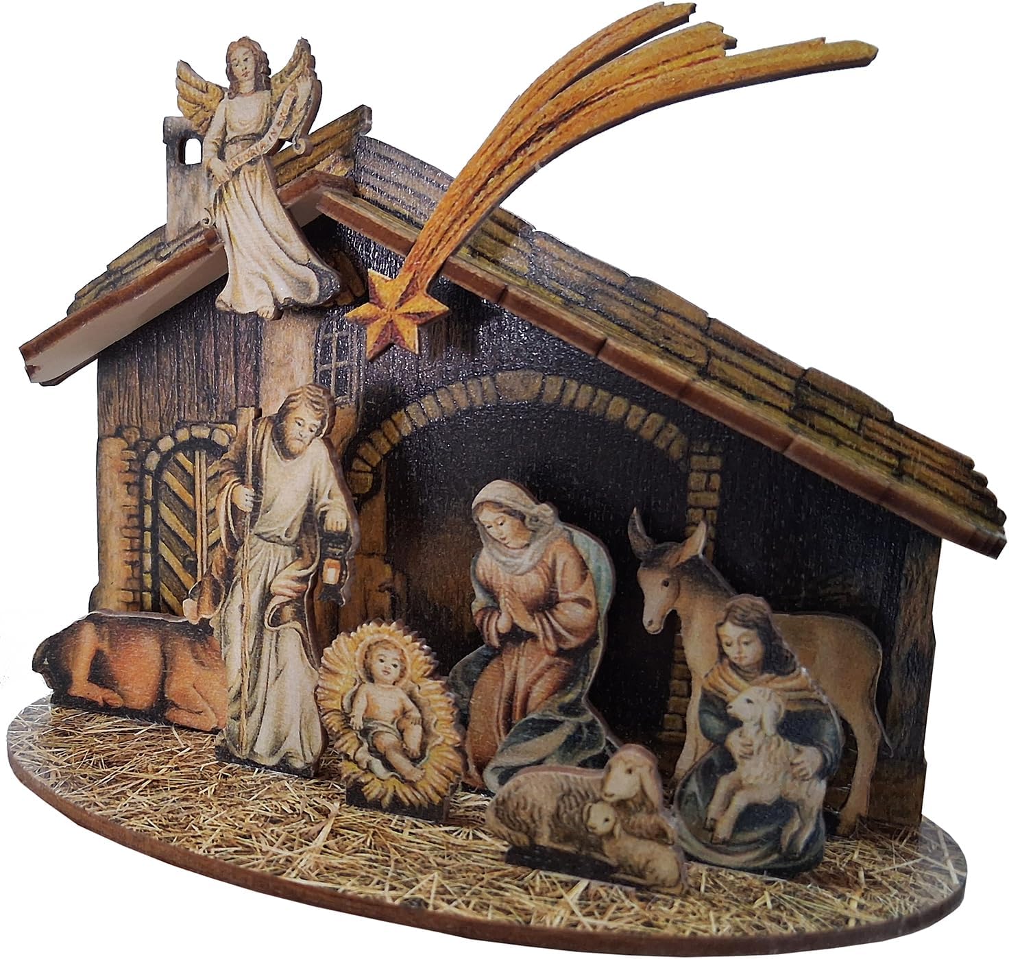 Kaltner Präsente Weihnachtskrippe, Traditionelle Krippe mit Krippenfiguren aus Holz, Steckkrippe, Heilige Familie mit Stall, 18 x 14 x 8 cm