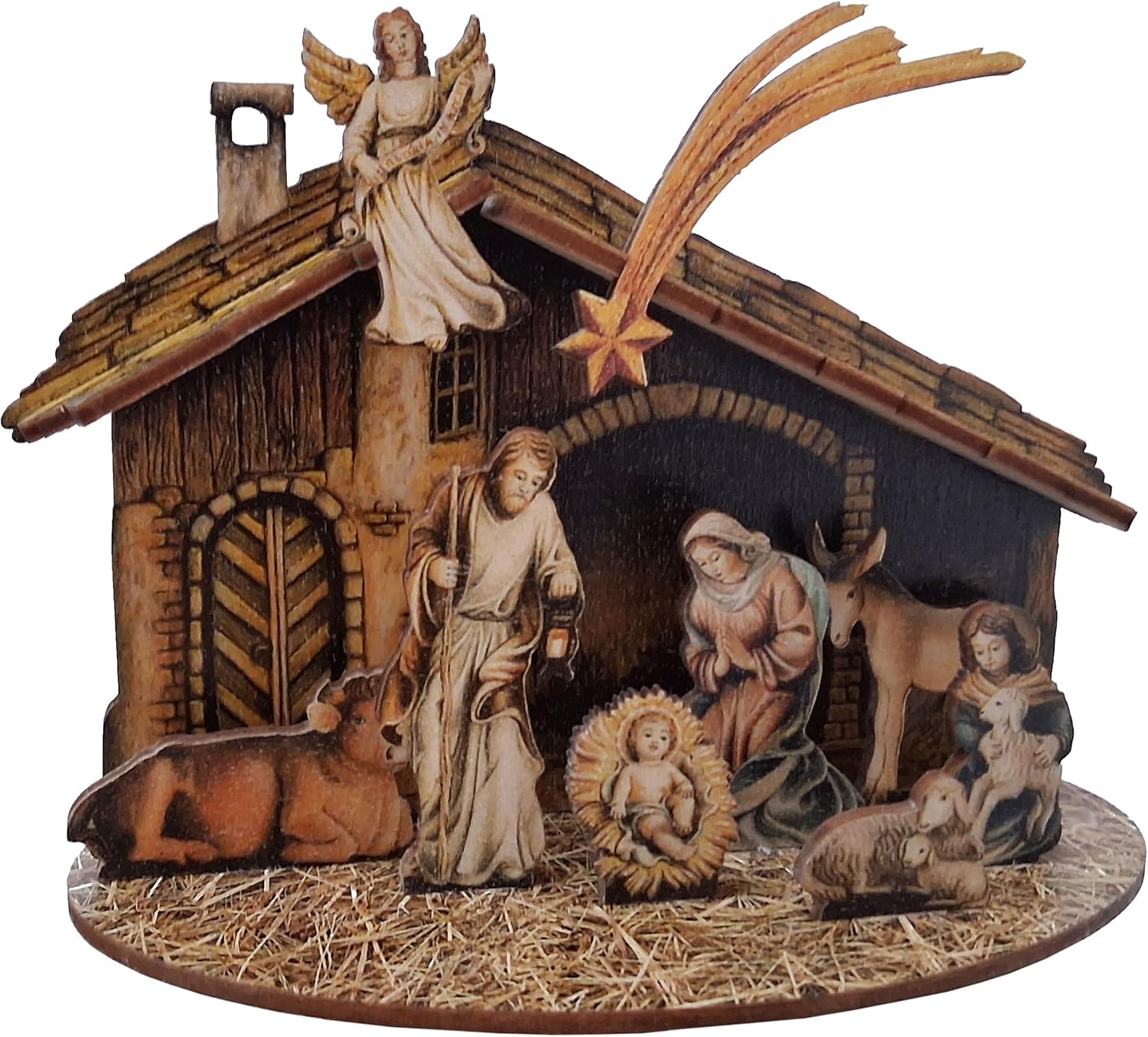 Kaltner Präsente Weihnachtskrippe, Traditionelle Krippe mit Krippenfiguren aus Holz, Steckkrippe, Heilige Familie mit Stall, 18 x 14 x 8 cm