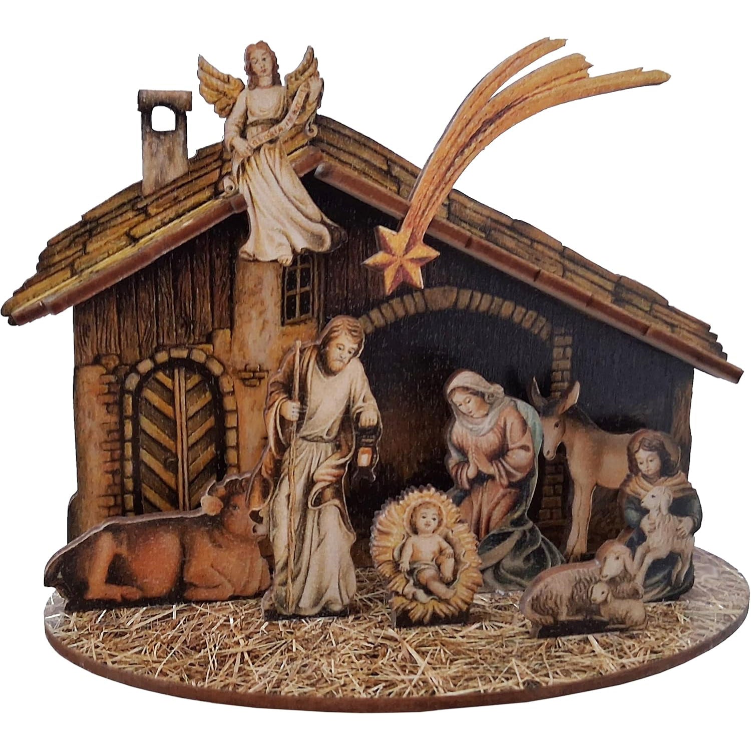 Kaltner Präsente Weihnachtskrippe, Traditionelle Krippe mit Krippenfiguren aus Holz, Steckkrippe, Heilige Familie mit Stall, 18 x 14 x 8 cm