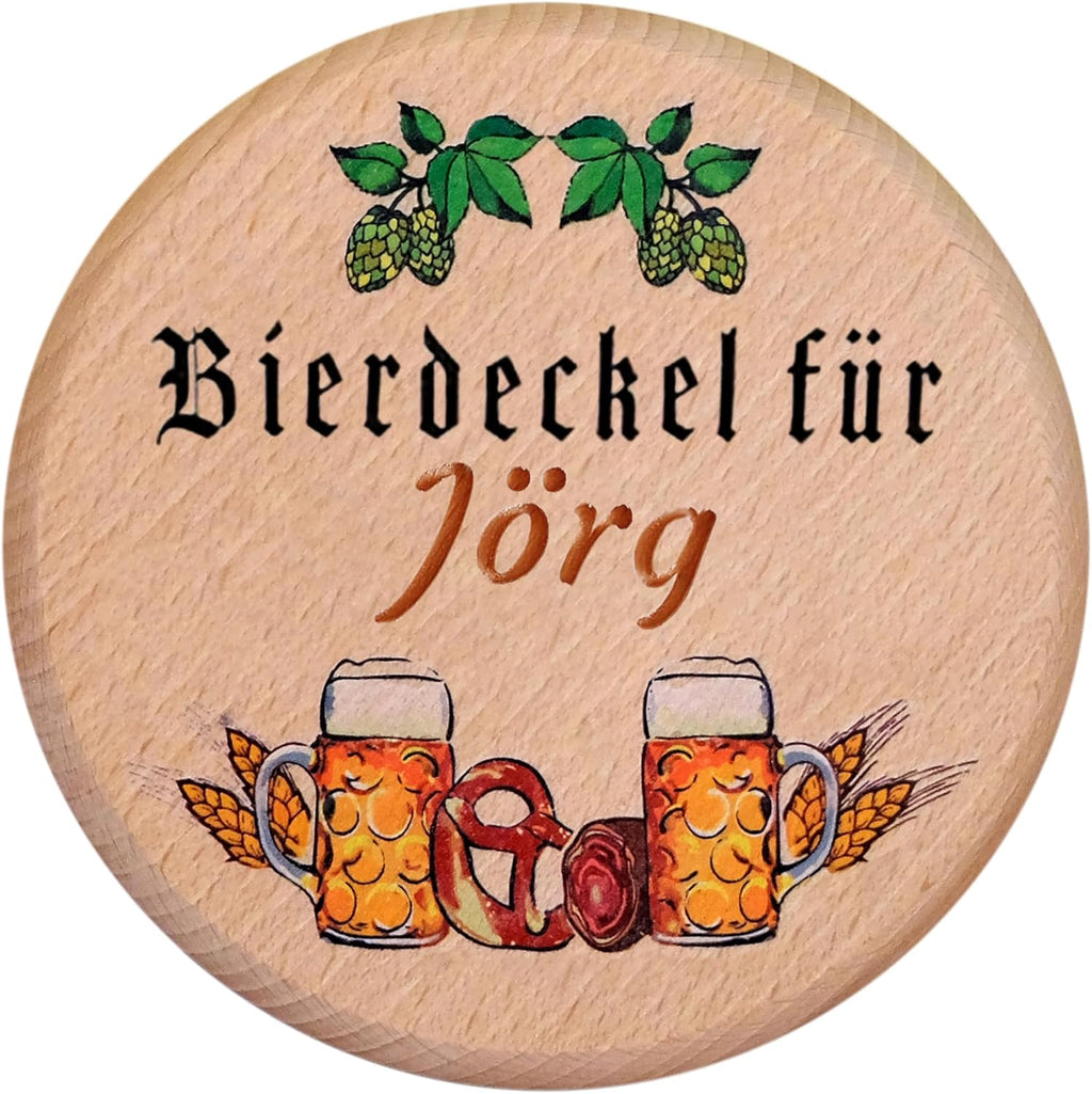 Kaltner Präsente Geschenkidee - Bierglasdeckel aus Holz mit Gravur des Namens, personalisierte Abdeckung für Krüge und Biergläser Schutz vor Insekten & Wespen für den Garten, Biergarten Bierdeckel