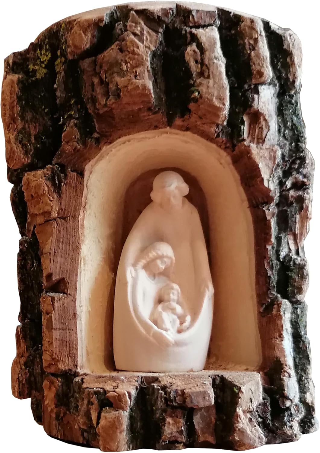 Kaltner Präsente Geschenkidee - Weihnachtskrippe Krippe aus Holz mit Jesus, Maria und Kind im Baumstamm
