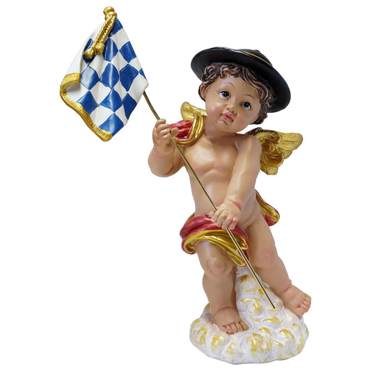 Bayerischer Engel mit Fahne 22,5 cm – Deko Figur Bayern Raute Blau Weiß – Handbemalte Engelsfigur