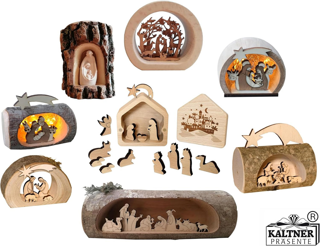 Kaltner Präsente Geschenkidee - Weihnachtskrippe Krippe aus Echt Holz mit Jesus, Maria und Kind