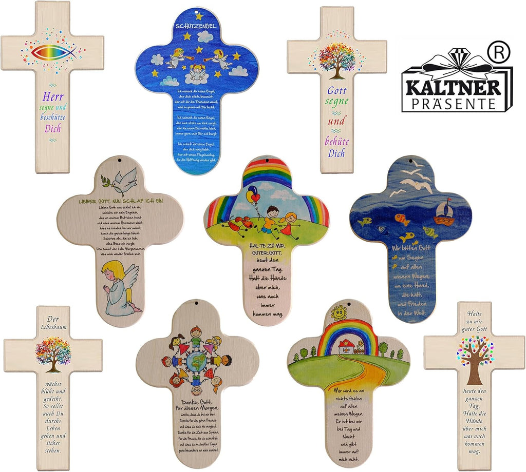 Kaltner Präsente Geschenkidee - 20 cm Kinderkreuz Kreuz für das Kinderzimmer Echtholz Natur Buche mit Buntdruck Engel Schutzengel Geschenk Taufe Geburt
