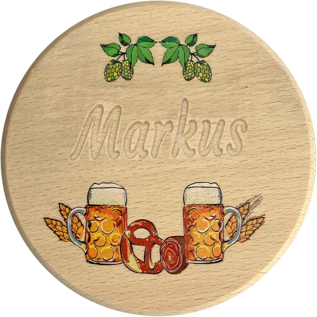 Kaltner Präsente Geschenkidee - Bierglasdeckel aus Holz mit Gravur des Namens, personalisierte Abdeckung für Krüge und Biergläser Schutz vor Wespen für den Garten, Biergarten Bierdeckel