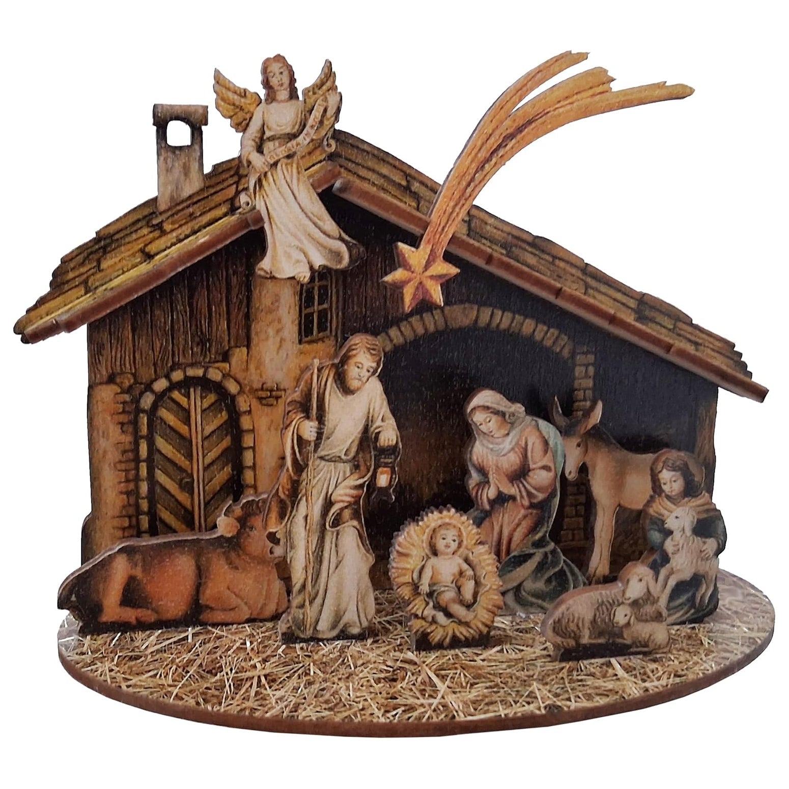 Kaltner Präsente Weihnachtskrippe, Traditionelle Krippe mit Krippenfiguren aus Holz, Steckkrippe, Heilige Familie mit Stall, 18 x 14 x 8 cm