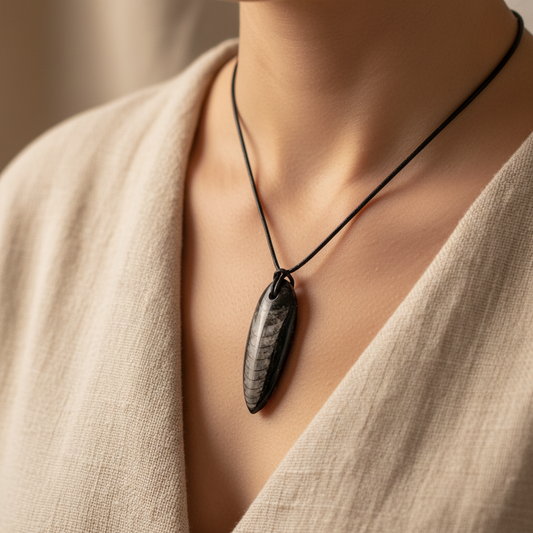 Orthoceras Halskette am Hals getragen – Lifestyle